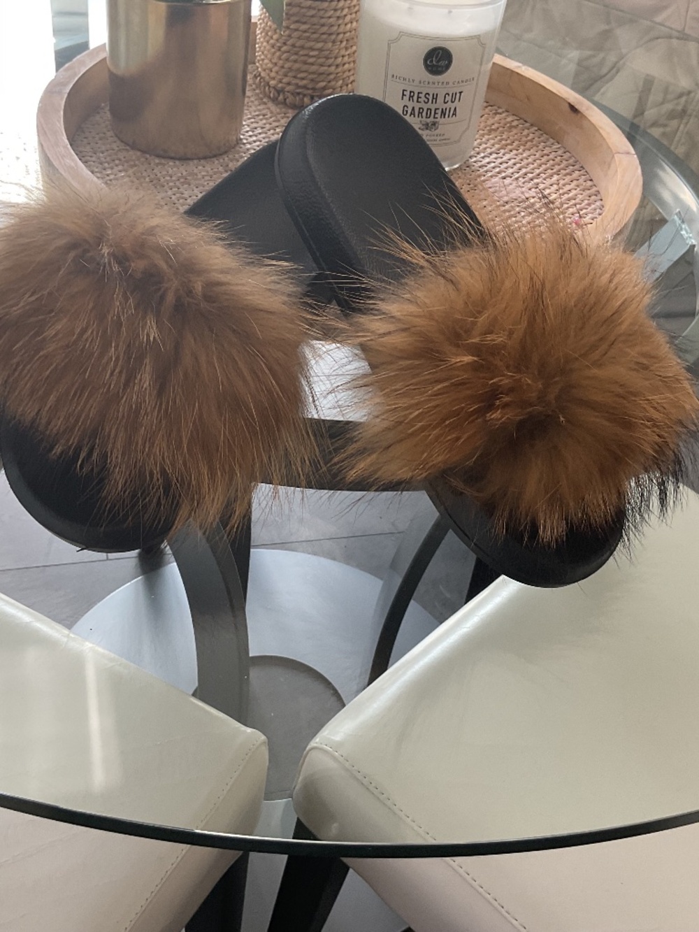Fluffy slides, brown/ tan faux fur, new, size 10-10.5